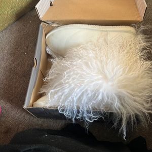 BearPaw ankle boots suede with sheep fur. White with shaggy sheep fur.